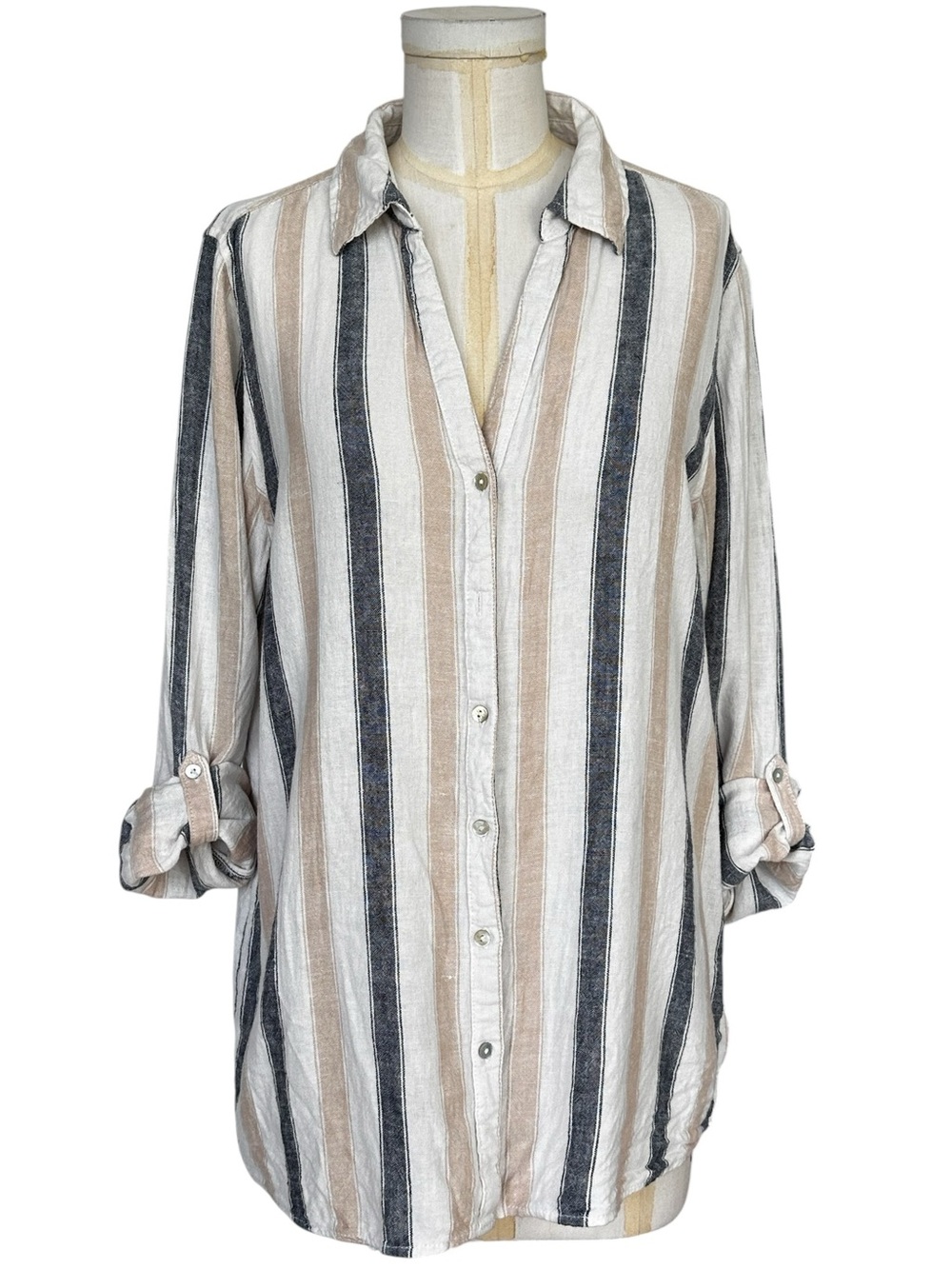 Tahari Women’s Striped Linen Blend Button‎ Down Roll Tab Shirt Coastal SZ Medium